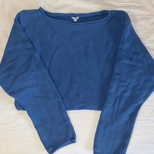 Garage Cropped Blue Knit Sweater Wide Neck